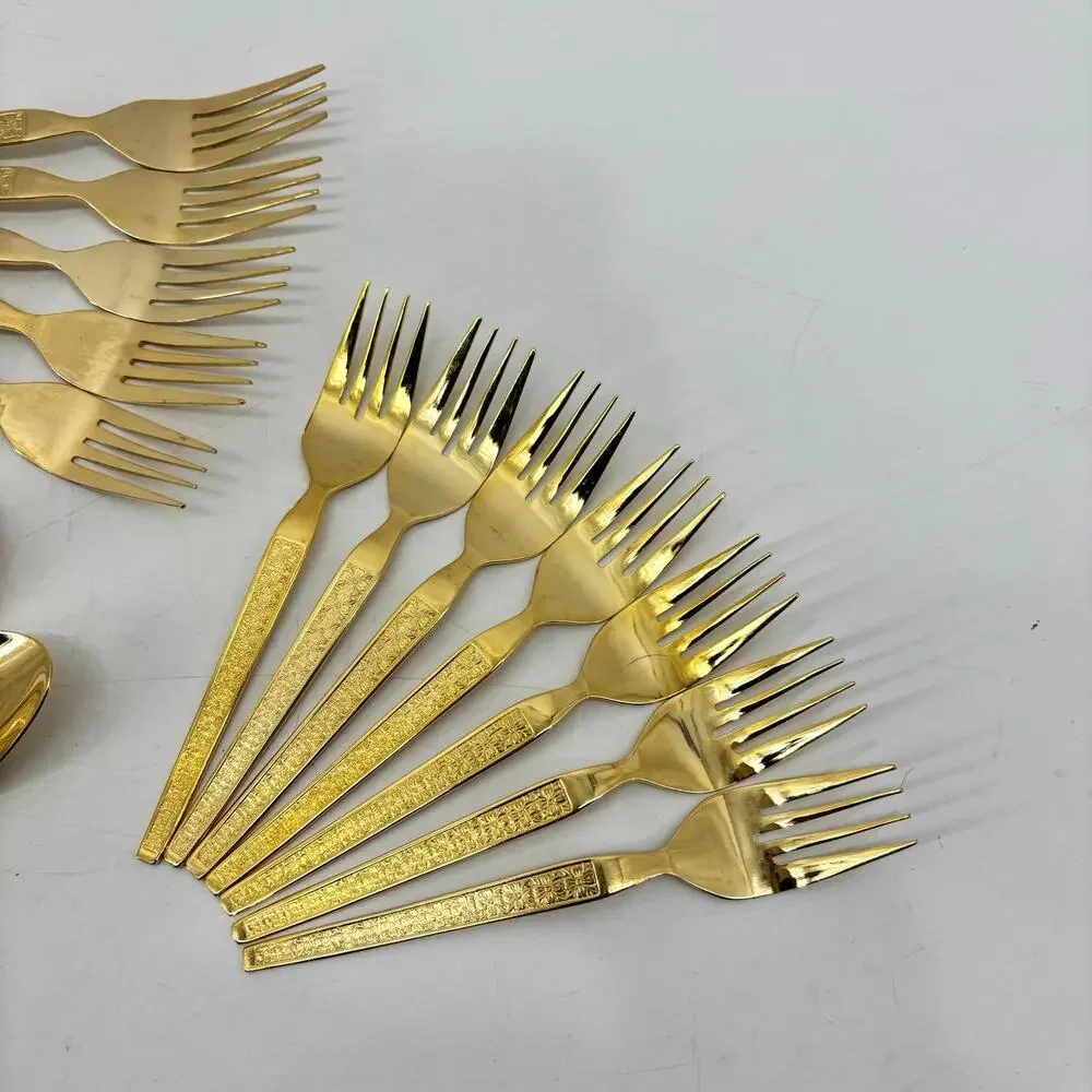 Vtg Thocadero Hollywood Gold Spoons Fork Dinner Knives Korea Stainless